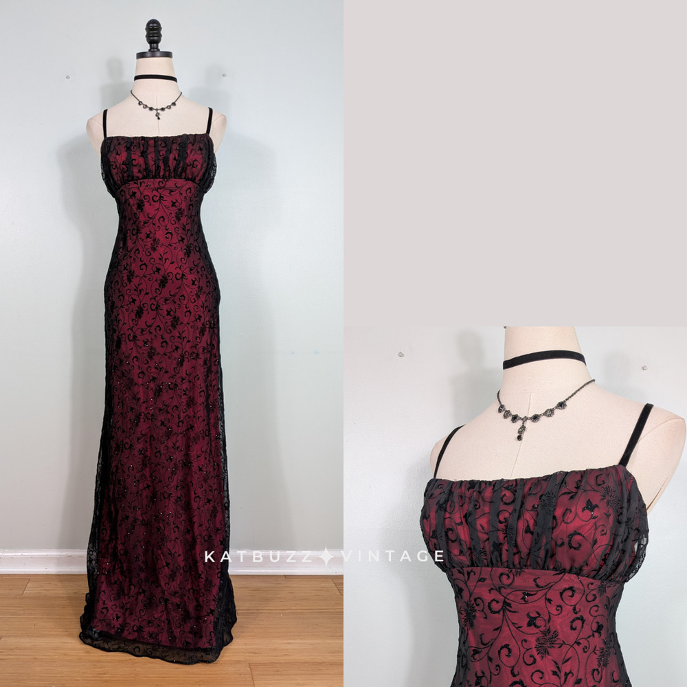 Vintage Zum Prom Dress Maxi Gown 6 Red Black 90S Y2K Goth Empire Overlay Floral